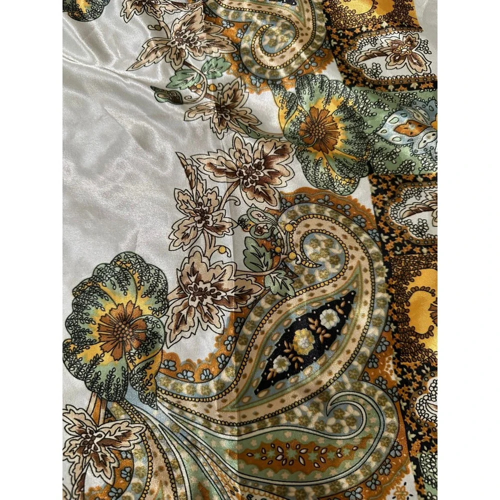 Vintage Paisley Floral Square Scarf Cream Gold Green Satin Silky Head Wrap 34in